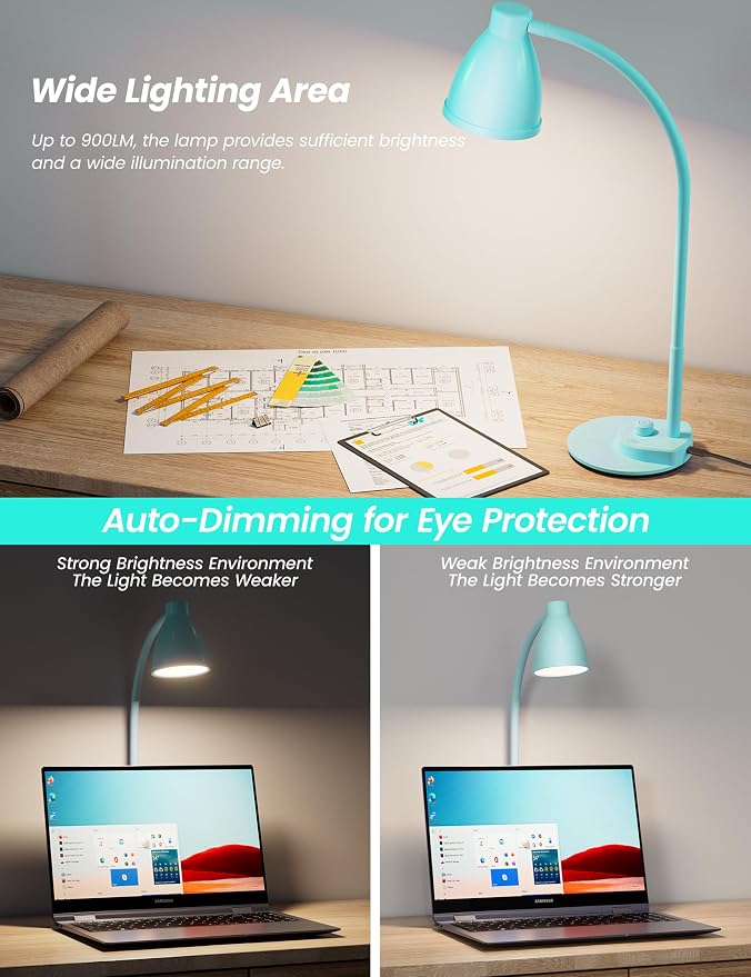BOHON LED Desk Lamp with USB Charging Port, 3 Color Modes Dimmable, Teal | Reading Lamp, Auto Dimming Task Lamp, Flexible Neck Table Light for Office Dorm Bedside, Adapter Include