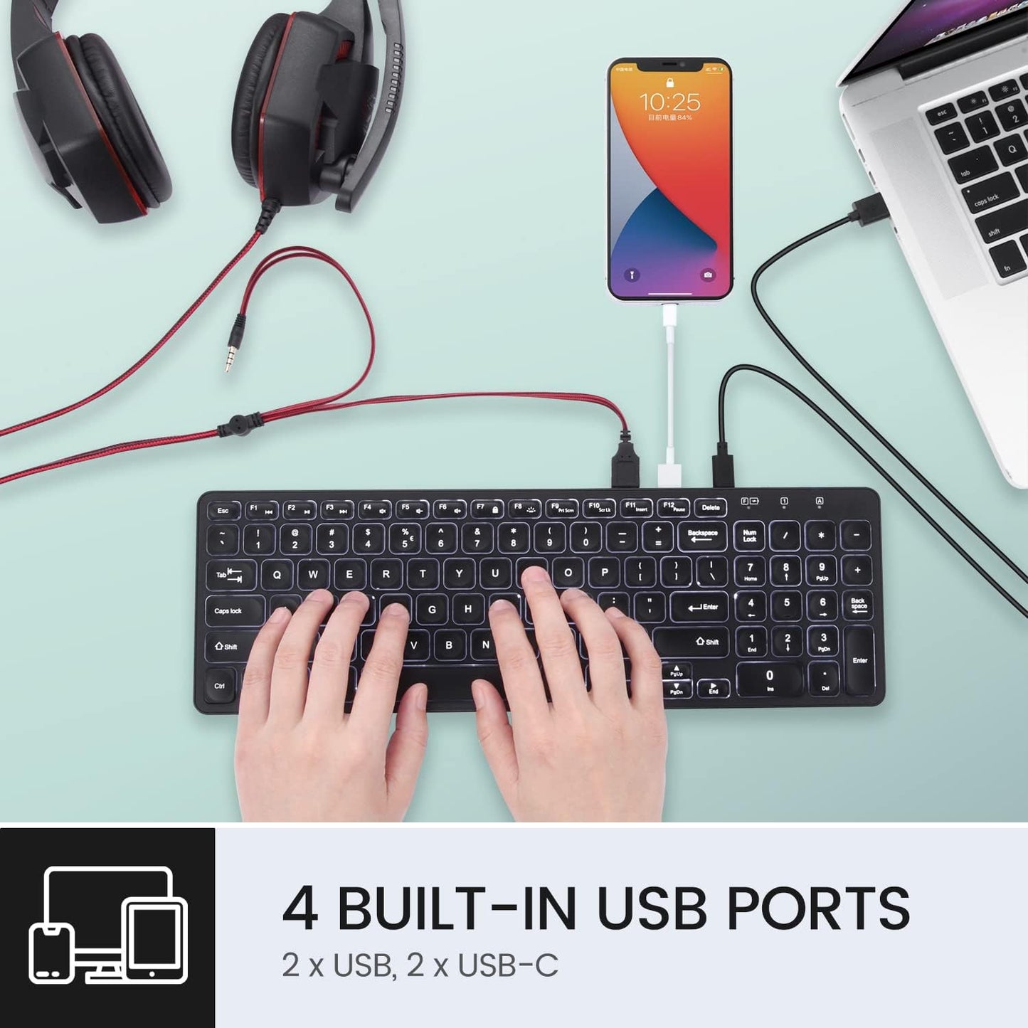 Perixx PERIBOARD-215B US, Wired Keyboard - Ultra Slim Scissor Keys - 2 Built-in USB-A & USB-C Ports - Detachable Cable - Black - US English