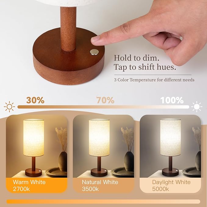 LALISU Cordless Table Lamp, 3 Color Dimming Portable Battery Lamp, Touch Control Wood Base Small Bedside Lamps for Night Stands, Living Room, Office(LED Bulb Included) (Cordless Wood Base)
