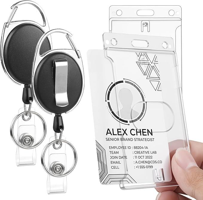 2 Set Badge Holder Retractable Clip Badge Reels with Clear Vertical ID Card Badge Holders Side Thumb Slots Hard Transparent PC Case for Work Office