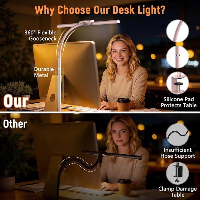 LED Desk Lamp for Home Office, Flexible Gooseneck Desk Lamp with Clamp, 5 Color Touch Control Stepless Dimming Adjustable Eye-Caring Desk Light with Adapter for Reading, Study, Workbench (Pink)