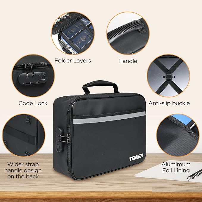 Document Bag with Lock, Fireproof File Storage Case with Water-Resistant, TENKER Organizer Box for Document, Safe Portable Travel Home Organizer for Laptop, Files, Certificates, Black(15''x11''x4'')