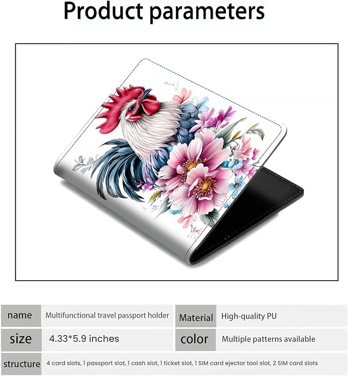 Passport Holder Wallet Cover Case,RFID Blocking Passport Cover,Large Capacity Travel Wallet with Multi Card Slots (Funny Rooster Flower)