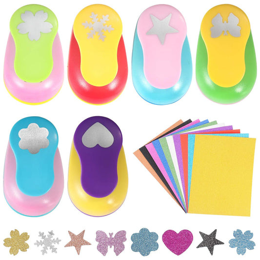 6 Pcs Colorful Craft Hole Punch with 10 Glitter Cardstock Papers, Decorative Scrapbook Paper Puncher Set, Different Shape Paper Hole Puncher Set for Office Supplies (6 Pcs- Different Shapes)