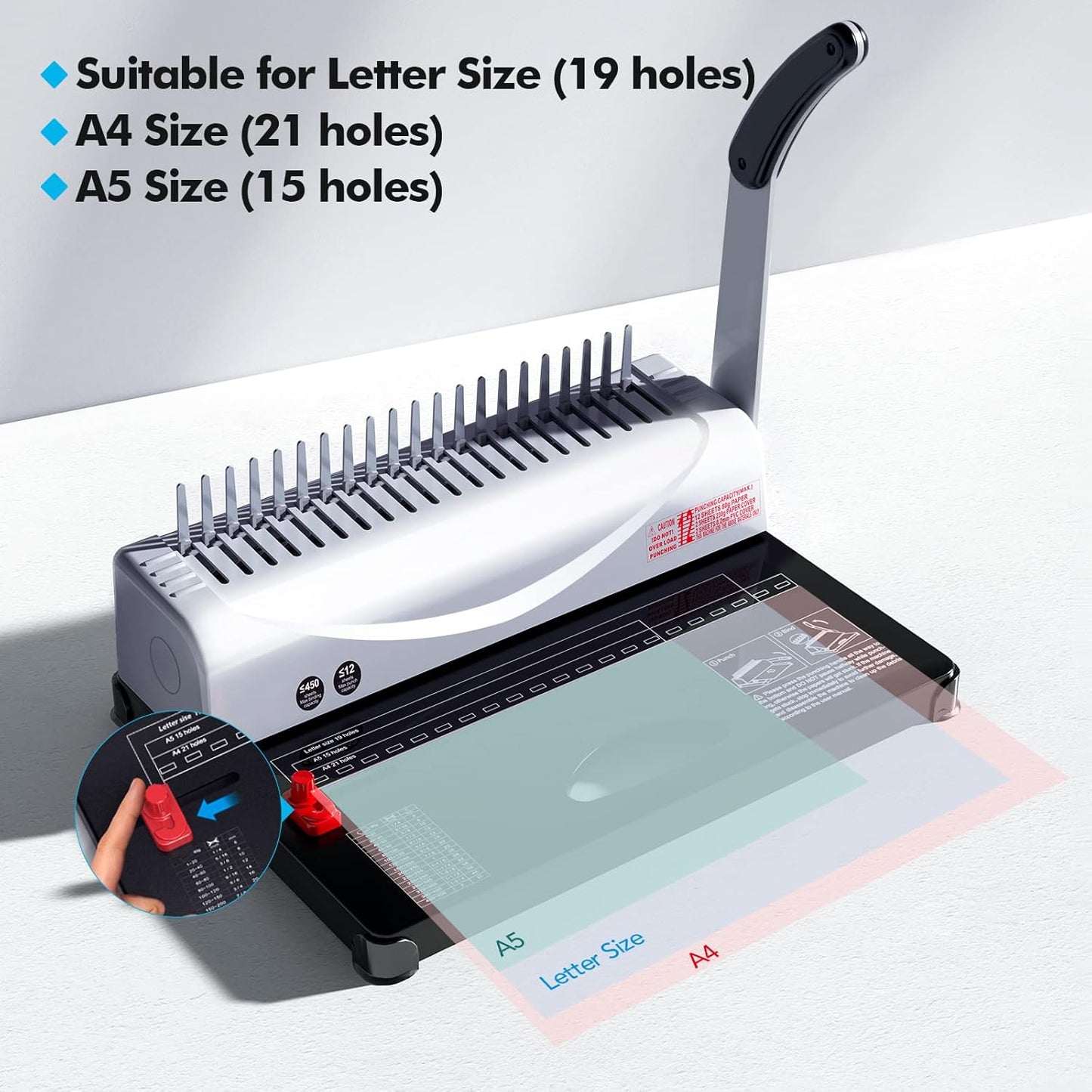 MAKEASY Binding Machine, 21-Hole, 450 Sheets, Comb Binding Machines with 1 Box Comb Bindings Spines, Comb Binder for Letter Size, A4, A5 Paper