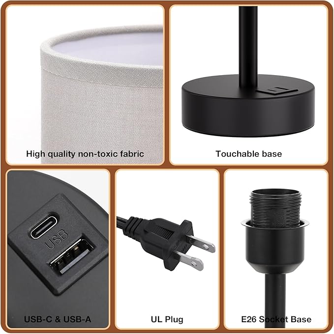 Dicoool Bedside Table Lamp for Bedroom - 3-Way Dimmable Touch Lamp, USB A+C | LED Bulb Included, 14" Small Nightstand Lamp for Desk, Living Room, Guest Room, Grey Fabric Lampshade, Black Metal Base
