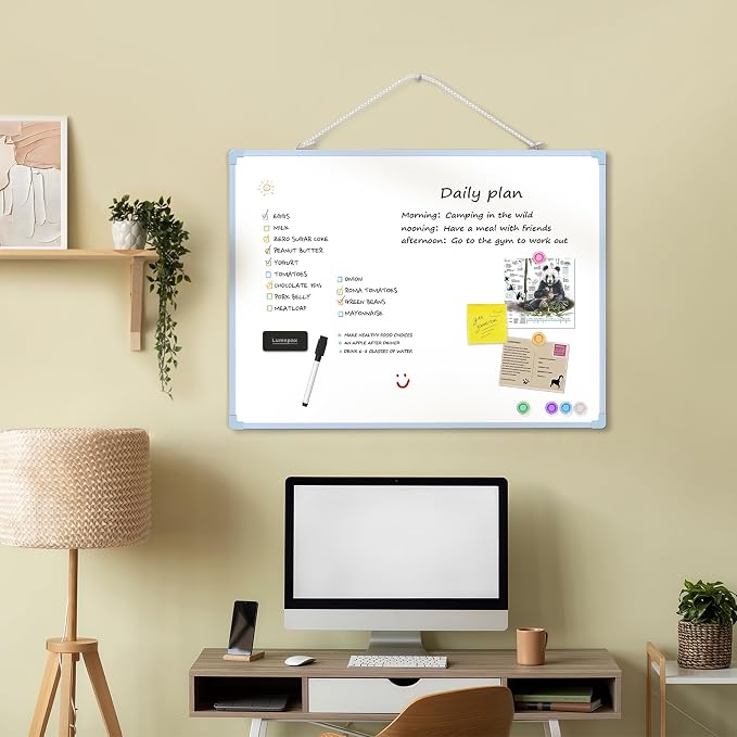 Dry Erase Board for Wall, 24" x 18" Double-Sided Hanging Magnetic Whiteboard with 6 Markers, 6 Magnets and 3 Mini Sticky Notes, Large White Board for School, Home, Office, Blue Frame