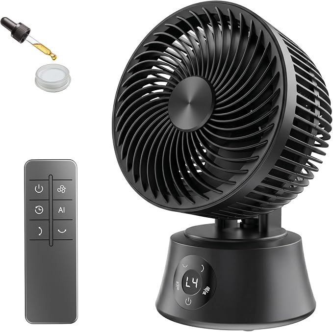 Portable Air Circulator Fan for Bedroom, 13 Inch Automatic 90°+90° Oscillating Fan with 25db Quiet, Remote & Temperature Control, 8 Speeds/Timer, Aroma for Office, Home, Black