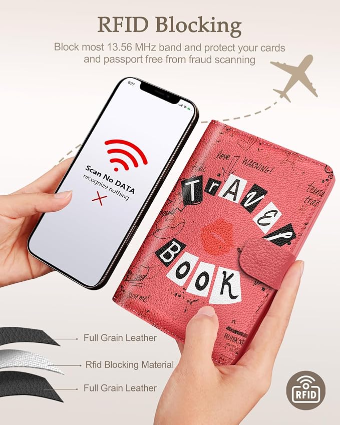 Slohif Airtag Passport Holder Cover Wallet Case for Travel Women - Leather RFID Blocking Passport Book Multiple Personalized Organizer Slim Portable Carrier Card Slots Protector Sleeve Stamp