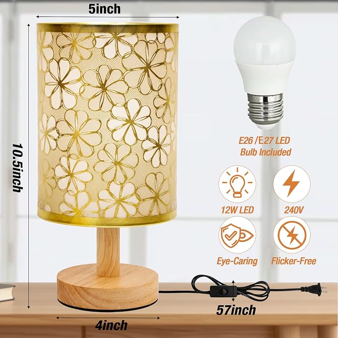 Desk Lamp LED Bulb Included, Small Bedside Table Lamp Plug-in - Classic Wood Base with Flaxen Fabric Shade, Lamps for Night Stands, Simple Nightstand Light for Bedroom, Office, Desk