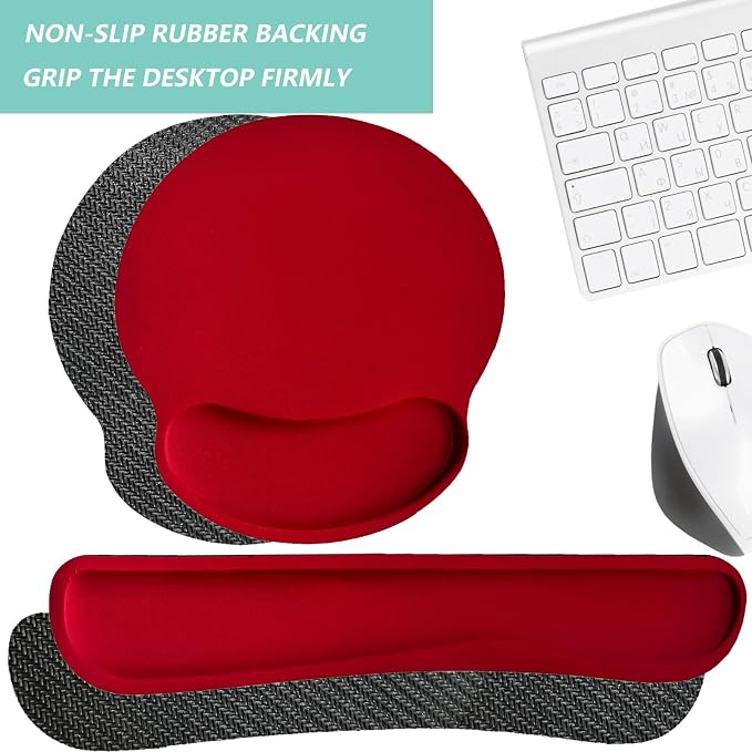 Keyboard Wrist Rest Pad Mouse Pad with Wrist Support Set of 3, Mousepad with Non-Slip Rubber Base, Ergonomic Memory Foam Mouse Wrist Cushion Support for Home Office Laptop Computer Gaming, Red