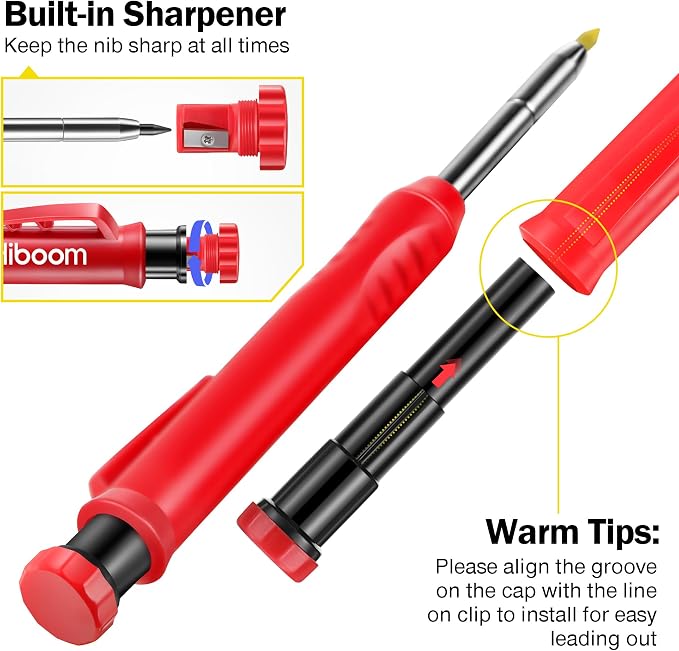 Hiboom Mechanical Carpenter Pencil with 7 Leads, Deep Hole Marker, Red | Built-In Sharpener, Long Nose Construction Pencil, Pocket Clip Design, Woodworking Tools, Marks on Various Surfaces