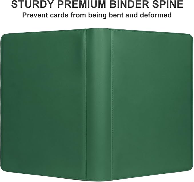 GEAoffice 16 Pocket Trading Card Binder for 1000+ Cards, Ringless Side-Loading 4x4 Card Binder with Zipper Closure, PU Leather 1024 Card Binder for MTG/TCG/Baseball/Sports&Game Cards, Green