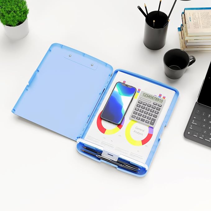 Hongri Clipboard with Storage with Pencil Case, 8.5 x 11 Storage Clip Board | High Capacity Organization Box for A4 Letter Legal Paper, Heavy Duty Folio & Side-Opening for Nurses, Teachers, Blue