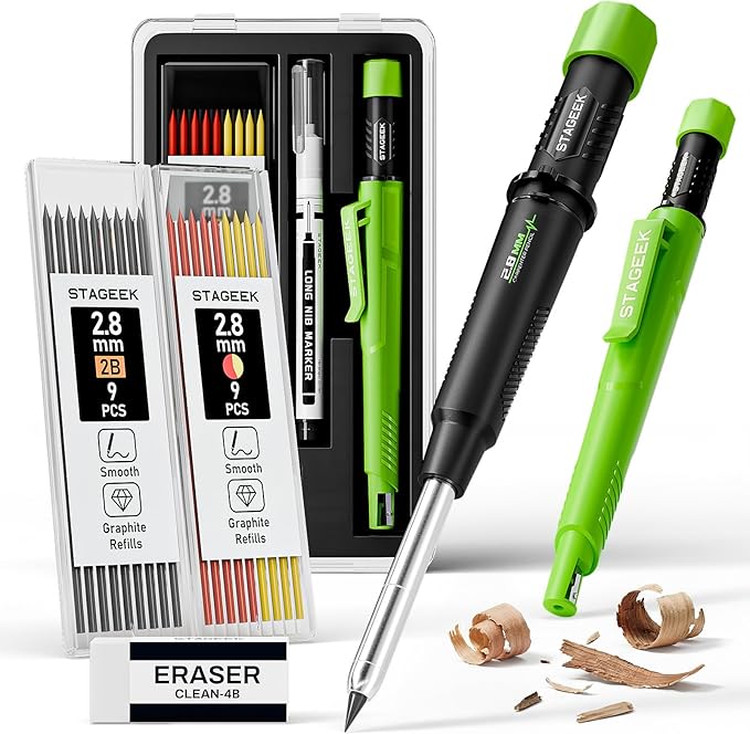 STAGEEK 2.8mm Mechanical Carpenter Pencils with Sharpener, Storage Case | 19 Refills, Construction Pencil Heavy Duty Woodworking Tools, Waterproof Deep Hole Long Nib Marker Pens for Architect Marking