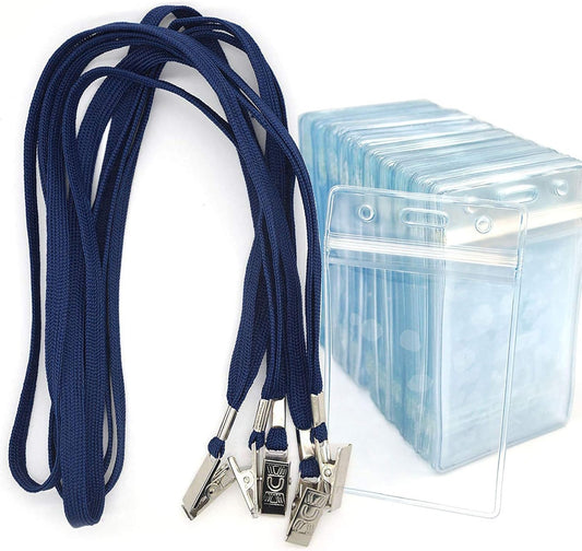 Bird Fiy Lanyards with Id Holder Badges Name Tags 50 Pack Lanyards with Bulldog Clip and 50 Pack Waterproof Clear Plastic Vertical Name Tag Badge ID Card Holders (Navy Blue)