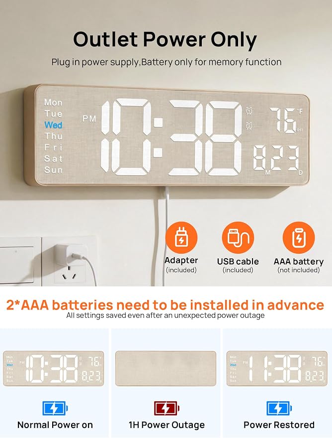 MASHI 2026 Upgrade Digital Wall Clock, 16" Large Display Digital Clock with Remote Control, Auto-Dimming Wall Clock with Night Light, DST, Date Week,Temp for Living Room, Gift for Elderly (Beige)
