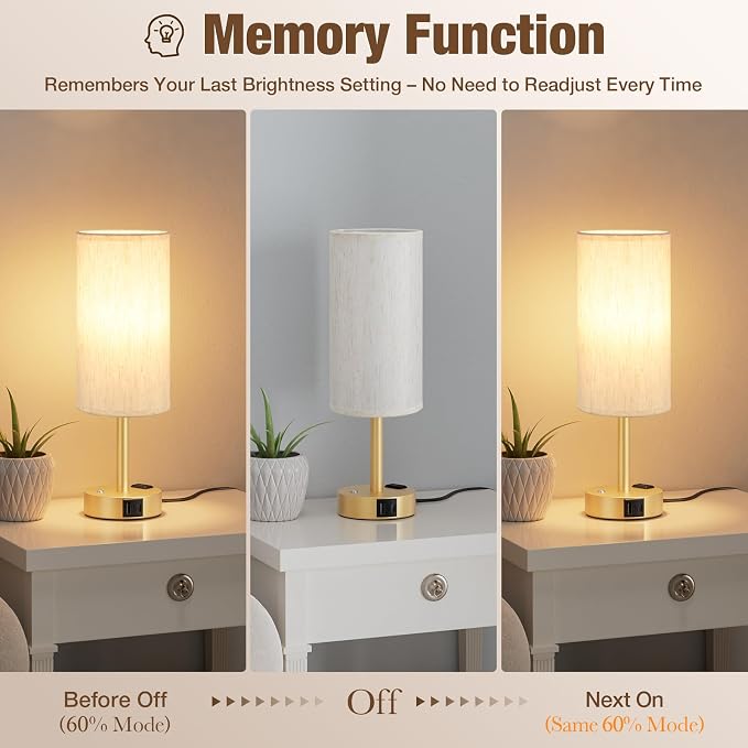Gold Touch Bedside Lamp for Bedroom, Stepless Dimmable, USB A+C, AC Outlet | Base Touch Button Only, Memory Brightness, Ultra-dim Night Light, Included Bulb for Optimal Dimming, Cream Fabric Shade, Desk