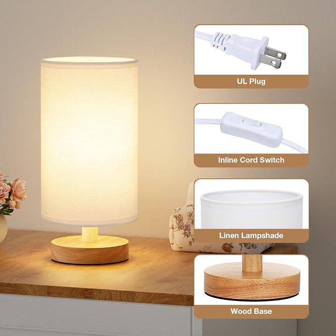 Small Table Lamps (White Shade - Wood Base, 9" Inline Control) | 3000K LED Blub Included | 680 Lumens | Easy Assembly | Minimalist Design | E26 | for Kitchen | for Kids Room