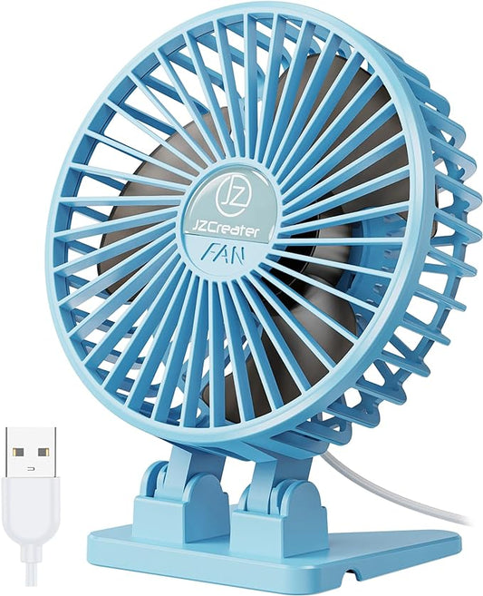JZCreater USB Desk Fan, Mini Fan Portable, 3 Speeds Desktop Table Cooling Fan, Plug in Power Fan, Rotation Strong Wind, Quiet Personal Small Fan for Home Desktop Office Travel Bedroom, Blue