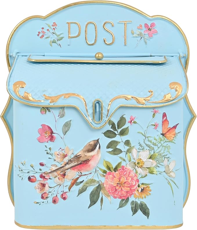 Vintage Wall Mount Mailbox for House Outside Metal Decorative Door Mailbox Antique Style Nostalgic Charm Home Decor Garden Vintage English Cottage for Home Garden House Farmhouse Porch Decor (Blue)