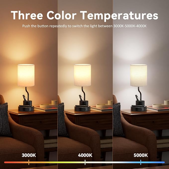 Bedside Lamps for Bedroom Set of 2 - Table Desk Lamp for Nightstand | 15" Table Lamp for Living Room with Pen Holder & Phone Stand, USB A+C Port, AC Outlet, 3 Color Temperature, LED Bulb Included