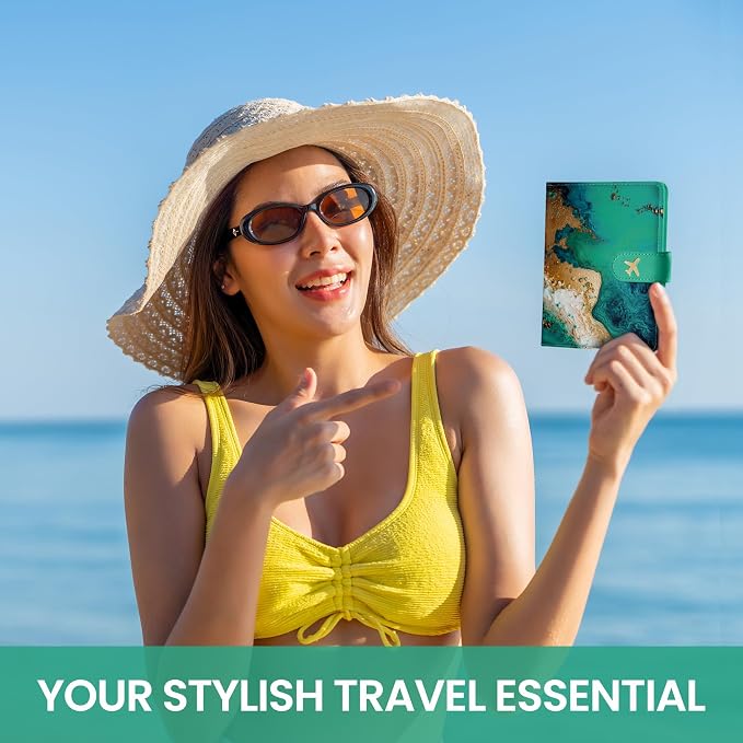 Passport Holder for Travel Essentials, RFID Blocking Leather Cover Wallet with Magnetic Closure, Aesthetic & Cute Passport Book Case for Women and Men - Coastline