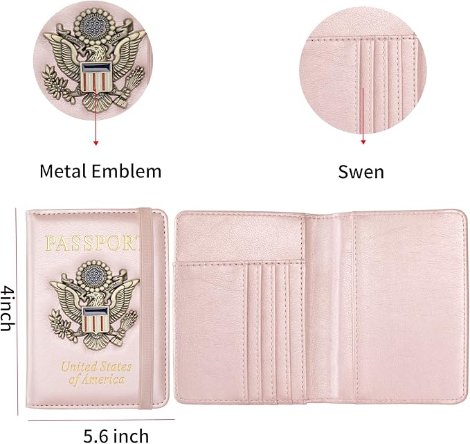 Passport Holder and Card Slot Combo RFID Blocking Leather Travel Passport Wallet for Men and Women US Passport Cover,Rose Gold