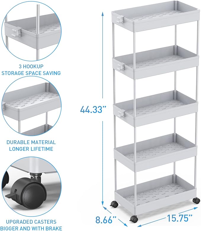 SPACEKEEPER 5 Tier Storage Rolling Cart, Bathroom Cart with Wheels, Gray | Mobile Storage Cart for Laundry Room Organization,Kitchen,Office,Bathroom, Utility Cart for Snack,Craft,Art,Makeup,Nail,Toys