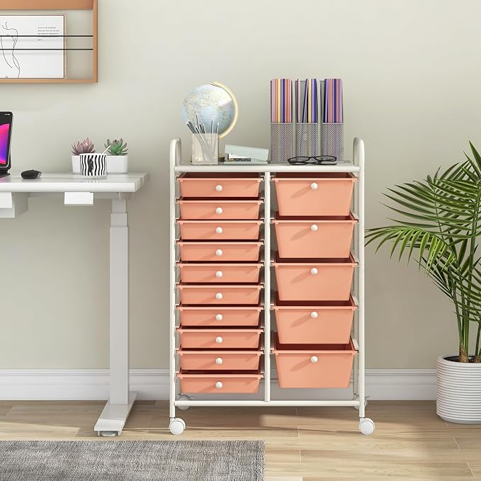 15 Drawer Rolling Storage Cart, Rolling Cart with Drawers for Classroom, Art Supply Craft Organizer on Wheel with Metal Frame & Handles for Home Office School