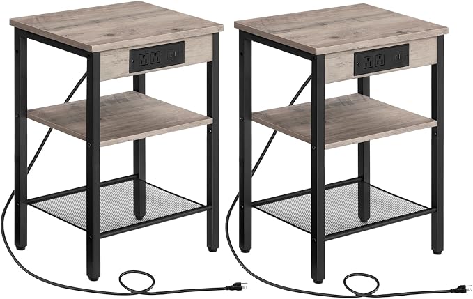 HOOBRO Side Tables Set of 2 with Charging Station and USB Port, Small End Tables for Small Space, 3-Tier Nightstands with Adjustable Shelf, for Living Room, Bedroom, Greige and Black BG112BZP201