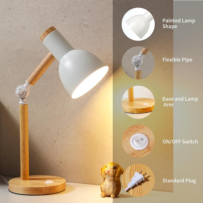 Adjustable Wooden Arm Desk Lamp, Metal Shade Table Lamp | Dorm Lamp,Bedside Lamp,Reading Lamp,Lamp for Home Office