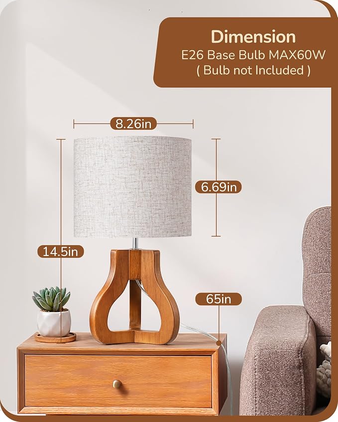 EDISHINE 14.6" Modern Table Lamp, Rose Wood Base Nightstand Lamp, E26 Base | Beige Linen Shade, On-Off Line Switch, Small Cute Bedside Lamp for Living Room, Bedroom, Office