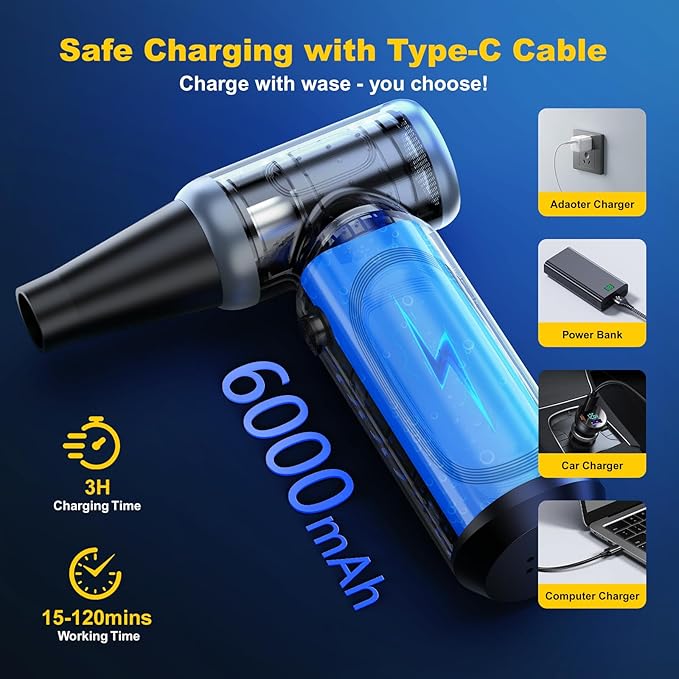 Metal Electric Compressed Air Duster, 300000RPM Brushless Motor with Stepless Speed, Rechargeable Cordless Mini Blower for Computer Keyboard Cleaning, Car Detailing, House and Outdoor Use(Grey)