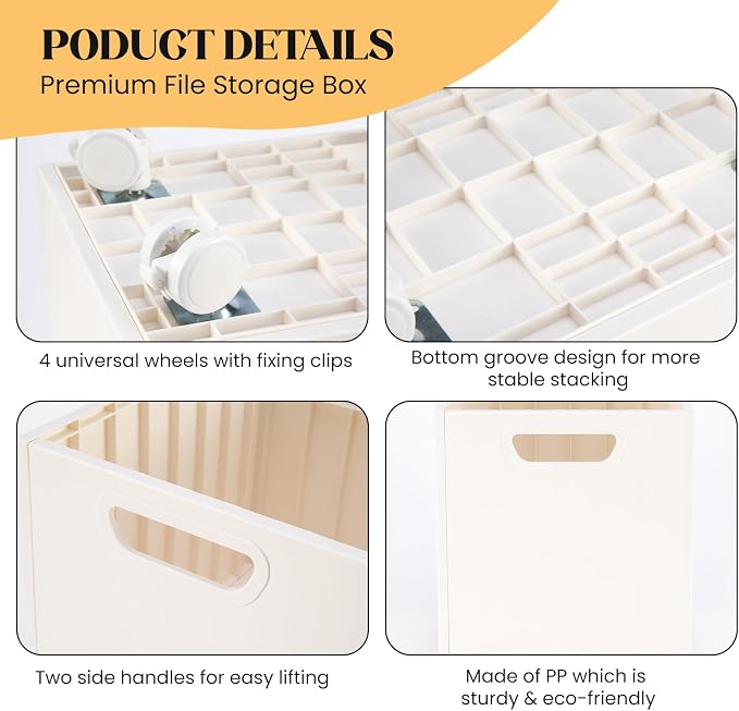Rolling File Organizer with Wheels, Stackable Storage File Boxes, Portable Letter/Legal Size File Folder Box Book Box Document Organizer for Home Office Filing Storage Bin, White