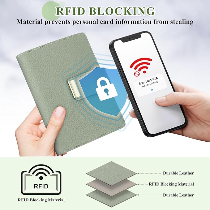 BKNOOU RFID Blocking Passport Holder with Airtag Slot- Leather Travel Passport Wallet for Women & Men, Slim Bifold Travel Passport Holder Holds Cards & Tickets & Cash (Green)