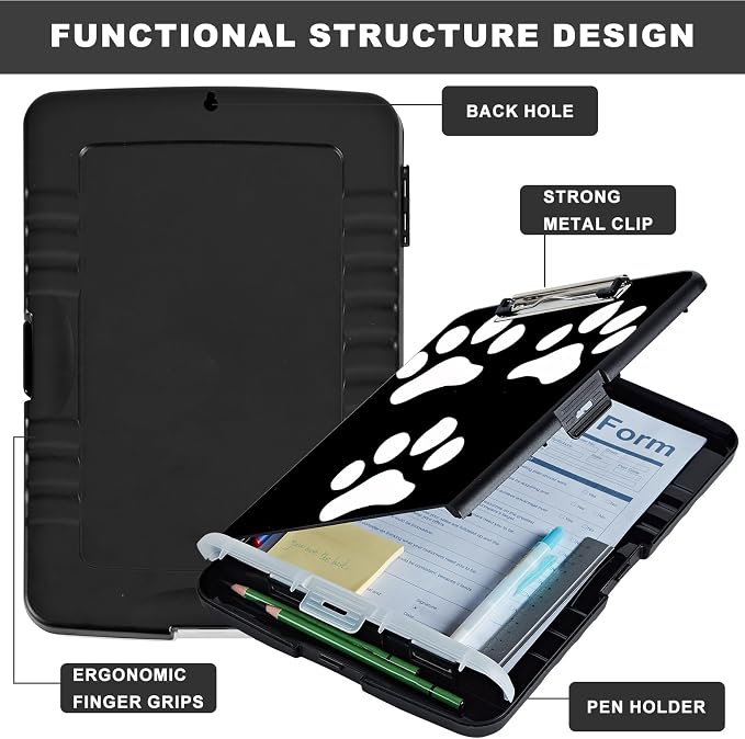 Clipboard with Storage,Storage Clipboard with Pen Holder,Heavy Duty Plastic Storage Clipboard with Low Profile Clip,Teacher Must Haves,Clipboard Folder,Office Supplies,Black White Dog Paw -1351