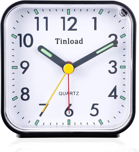 Small Battery Operated Analog Travel Alarm Clock Silent Non Ticking, Gentle Wake, Ascending Beep Sounds, Snooze,Lighted on Demand, Easy Set(Black)