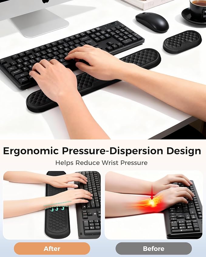 Ergonomic Wrist Support for Computer Keyboard and Mouse, 2-Piece Set | 3D textured Lycra surface, high-density memory foam, non-slip PU base, elbow and forearm support, for work and gaming