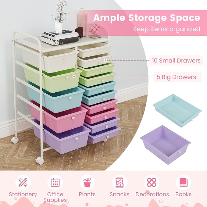 15 Drawer Rolling Storage Cart, Rolling Cart with Drawers for Classroom, Art Supply Craft Organizer on Wheel with Metal Frame & Handles for Home Office School (Ice cream color, 15 Drawer)