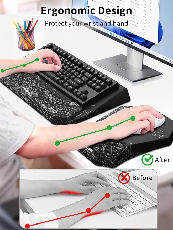 3-in-1 Ergonomic Keyboard Stand with Wrist Rest & Mouse Pad Set, Black Wave | Comfy Keyboard Riser Holder Soft Mousepad with Massage Design, Memory Foam and Non-Slip PU Base for Pain Relief