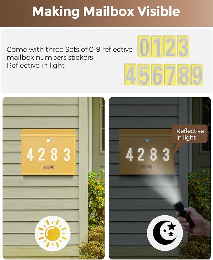 LAND·VOI Locking Wall-Mount Mailbox for Outside, with 4 Keys, Galvanized Steel Rustproof Metal Postbox, 4" Dx13.8 Wx11.2 H, Includes 3 Sets of Mailbox Numbers, Nameplate, Yellow