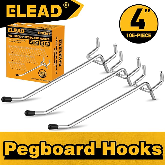 ELEAD 105-Piece 4 Inch Pegboard Hooks, Heavy Duty Peg Board Organizer Accessories, Peg Board Tool Hangers Fit for 1/4" and 1/8" Pegboard Hanging Tools Garage, Workshop, and Craft Storage