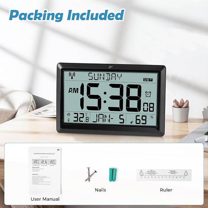 SZELAM Atomic Clock,10.5"Large Display Digital Wall Clock Battery Operated,Digital Calendar Auto Setting Desk Clocks with Indoor Temperature,Humidity,Date,Day,Auto DST for Elderly Bedroom-No backlight