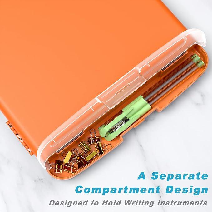 Rimilak Clipboard with Storage, 8.5 x 11'' High Capacity Clip Board, Orange | Smooth Writing, Side-Opening Plastic Folder with Pen Holder, Size 14.2 x 9.6 x 1.2″ ,for Classroom, Teacher, Student