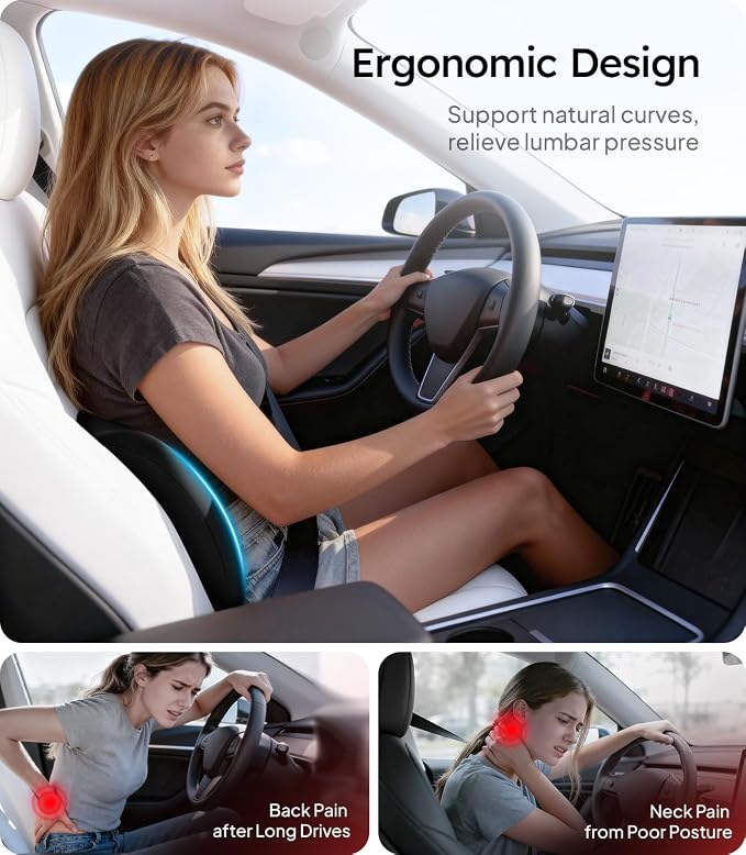 Wigoo Lumbar Support Pillow for Car-Office Chair, Black 2-Pack | Memory Foam| Ergonomic| Universal Fit
