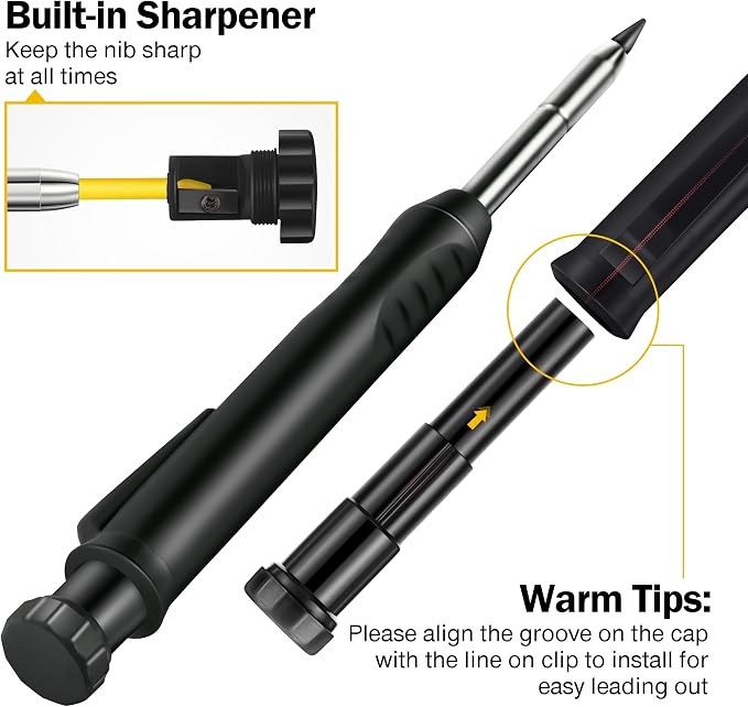 Hiboom 2 Pack Carpenter Pencils with Pencil Cap and 18 Refills, Black | Mechanical Pencil, Deep Hole Marking, Built-In Sharpener, Long Nose Tip, Pocket Clip, Marks Many Surfaces, Woodworking Use