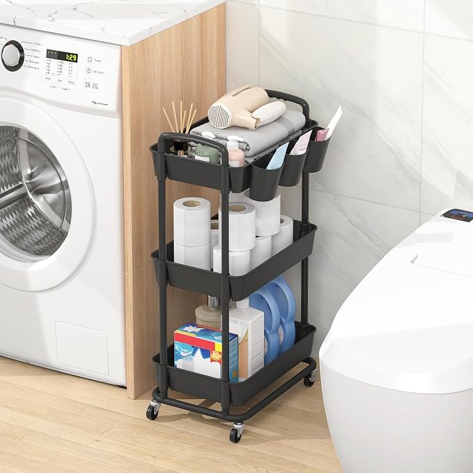 3-Tier Plastic Rolling Storage Cart Utility Cart Black | Utility Cart with Extra Hanging Cups Arc-Shaped Handles Lockable Wheels for Living Room Bathroom Kitchen Office