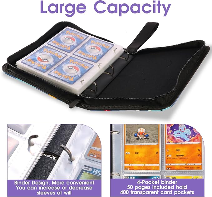 4-Pocket Card Binder with 50 Removable Pages, Holds 400 Cards | Fits trading, sports, gaming and collectible cards. Great for boys and girls to organize and protect collections(Stars)