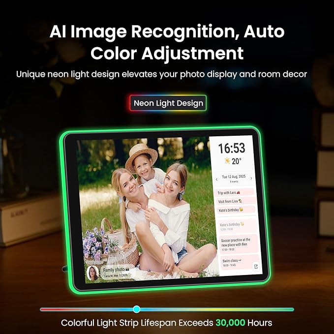 ApoloSign 10" Neon Light Digital Picture Frame, Desk Digital Calendar, Auto-synced Schedule via Frameo App - 2K IPS Touchscreen | AI Color-Changing LED | Share Photo/Video Instantly | Gift for Parents